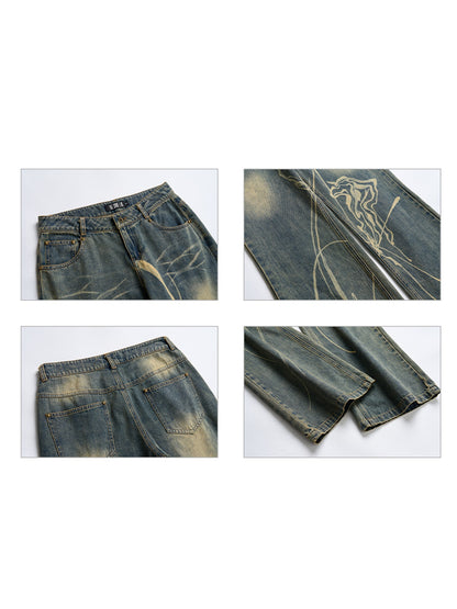 Retro Burnt Slim Flare Denim Pants