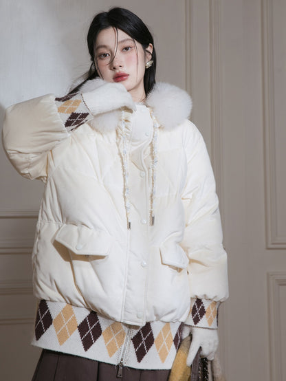 Diamond Check Splicing Hooded Down Jacket