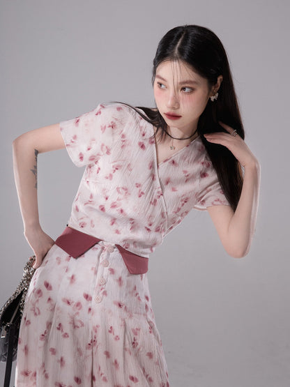 FloralPrint Cross Top 및 접힌 캐주얼 바지 설정