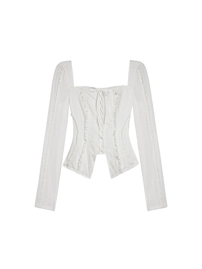 Square Neck French Style Lace-Up Shirt