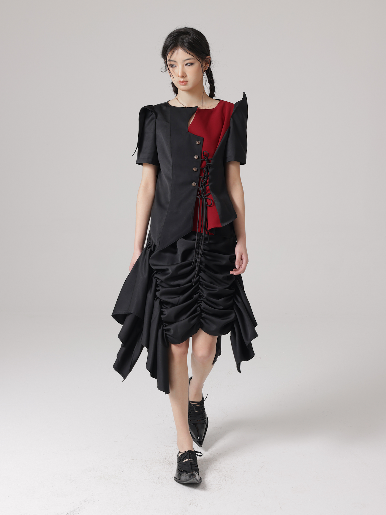 Special-Shaped Design Pierrot Shirt &amp; Asymmetry Gather Skirt