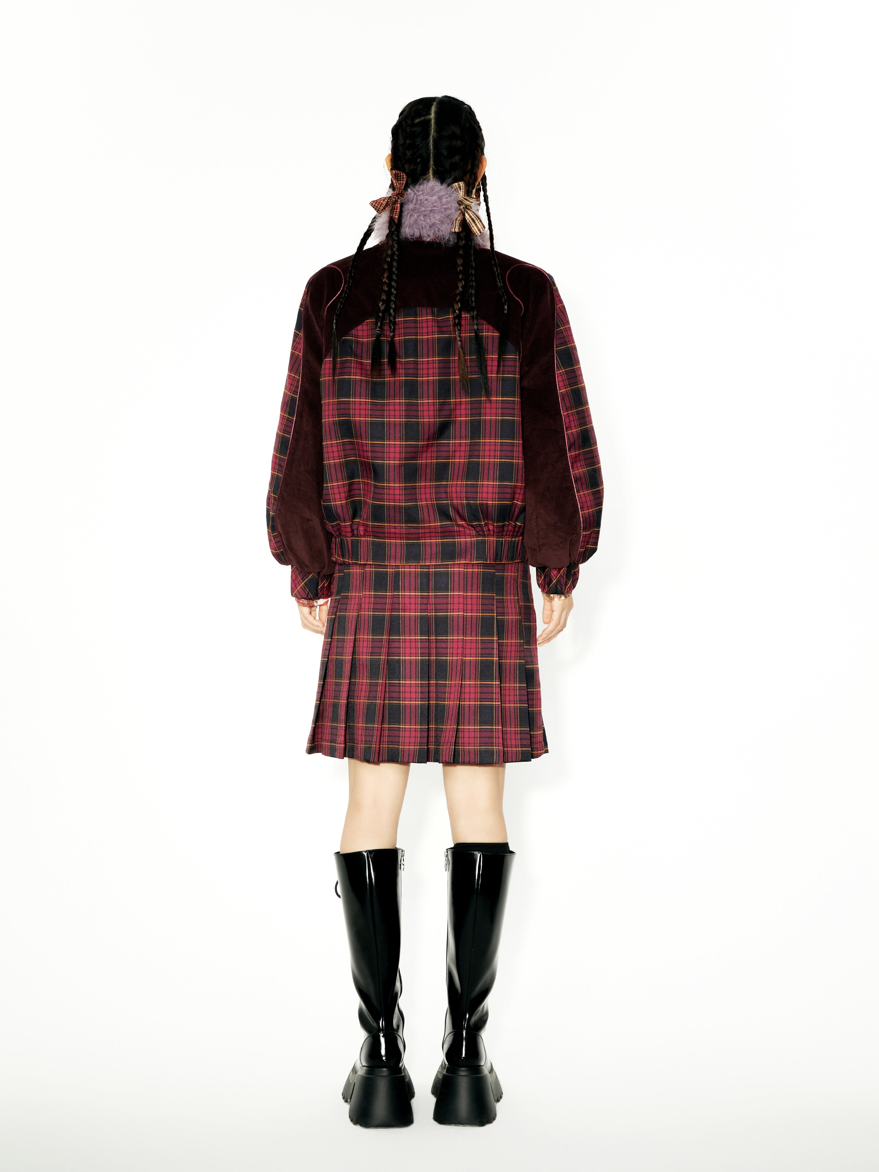 Plaid Stitching Strip Design Short Padded Jacket &amp; Pleated Skirt