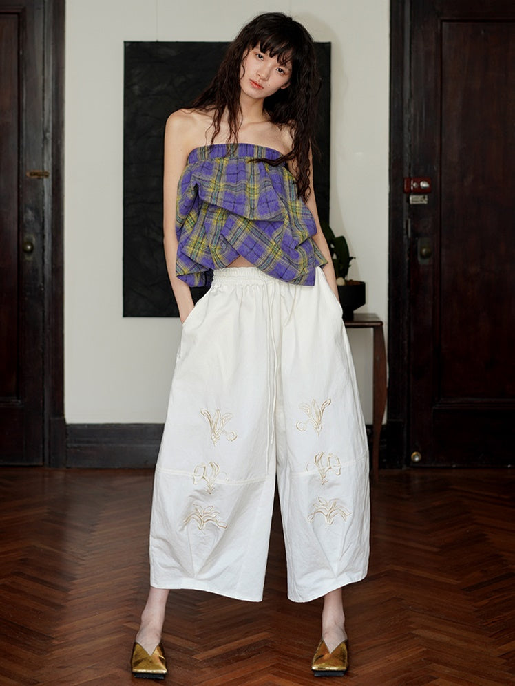 Embroidery Loose Bloomers Wide Leg Pants