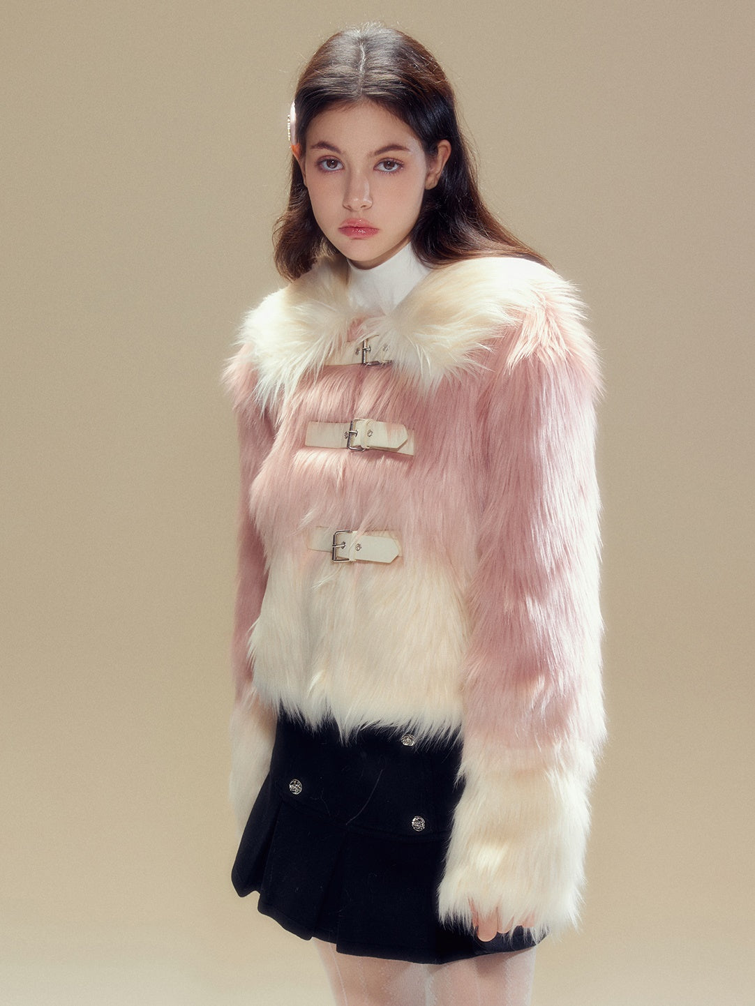 Gradient Long Hair Leather Buckle Friendly Fur Jacket