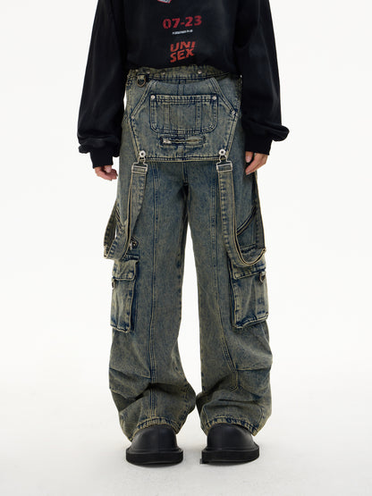 Detachable Suspender Washed Multi-pocket Cargo Jeans