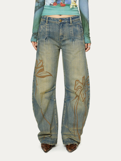 Distressed Printed Curvedl Machete Denim Pants