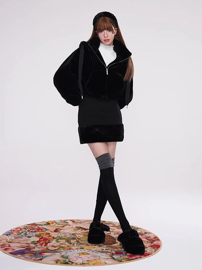 Plush Short Hooded Detachable Jacket &amp; Hip Stitching Skirt