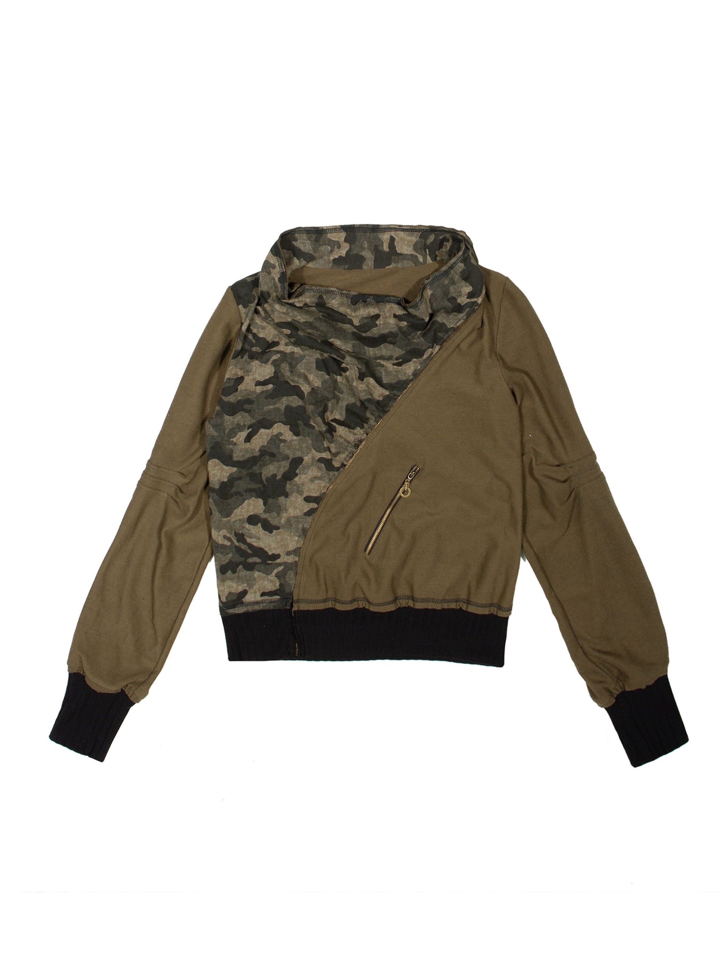 Asymmetric Camouflage Splicing Swing Collar ZIP Cardigan