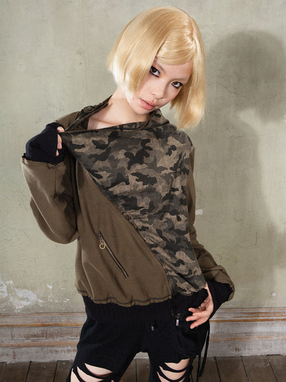 Asymmetric Camouflage Splicing Swing Collar ZIP Cardigan