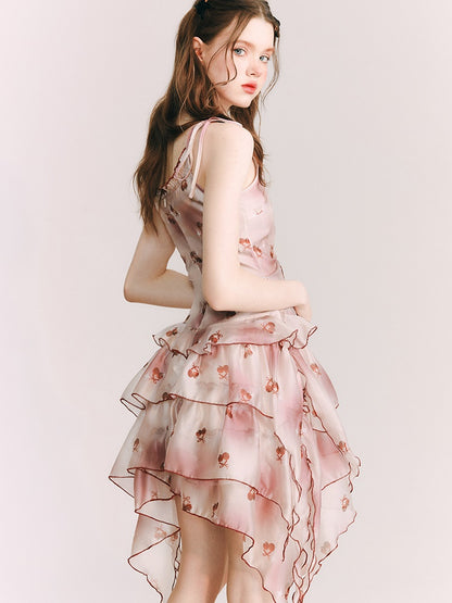 Cherry Organza Printed Sling Dress