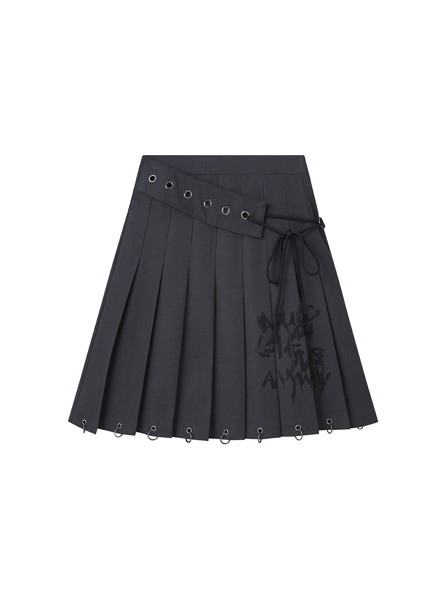 Graffiti Print Lace Design Pleated Skirt