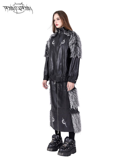 Front And Back 2Way Spliced Fur Double Zipper Leather Skirt