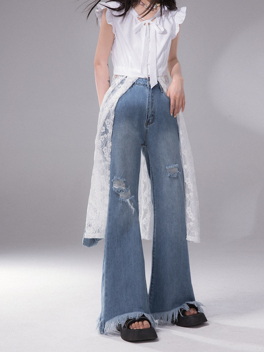 Mopping Raw Edge Flared Denim Pants