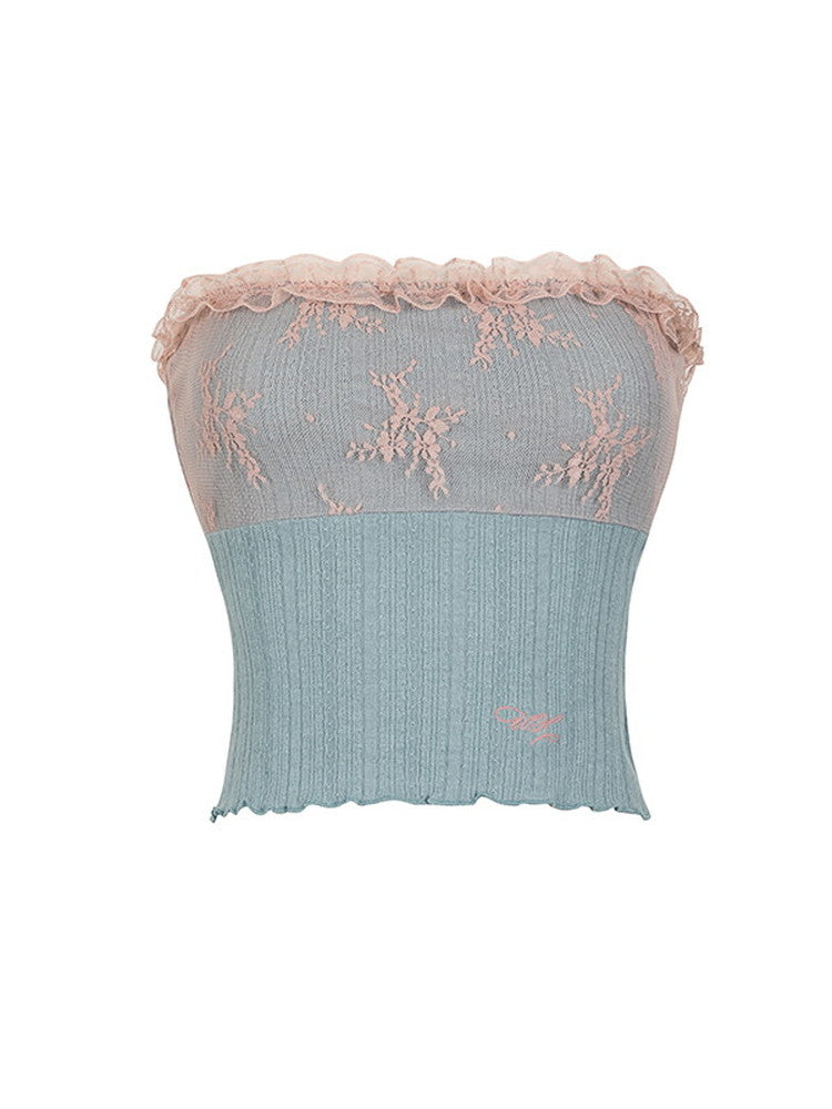 Lace Stretch Knit Feminine Frill Tube-Top