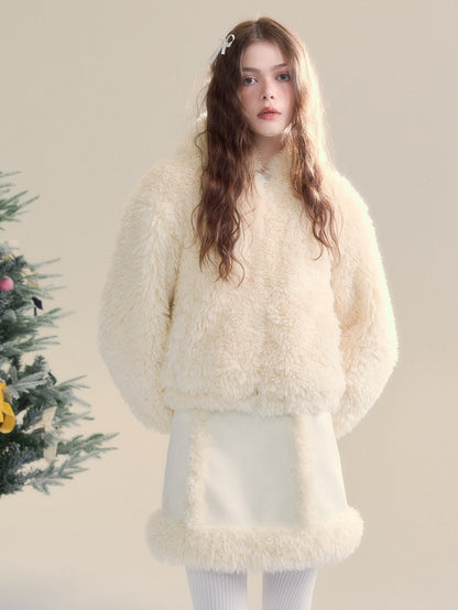 Fluffy Friendly Fur Short Hooded Jacket ＆ Skirt