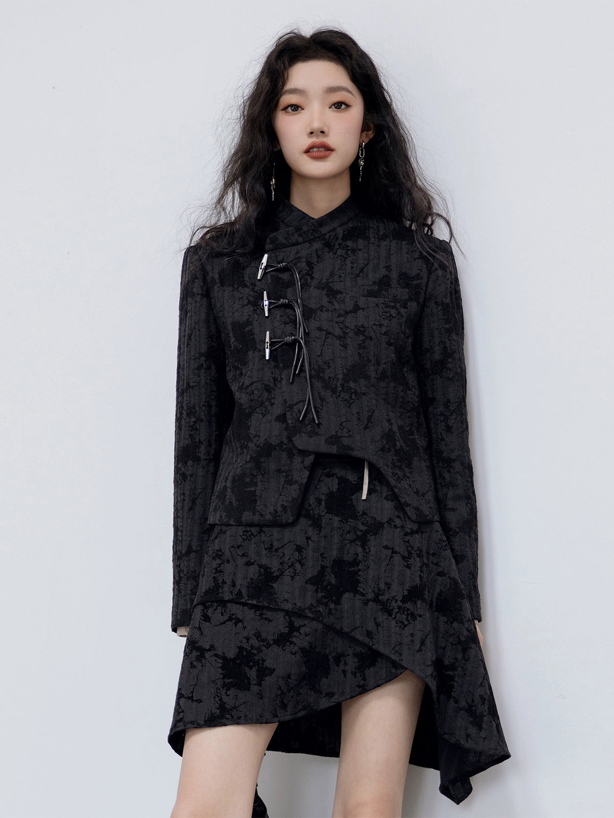 Flocking Chinese Button Asymmetry Jacket ＆ Skirt