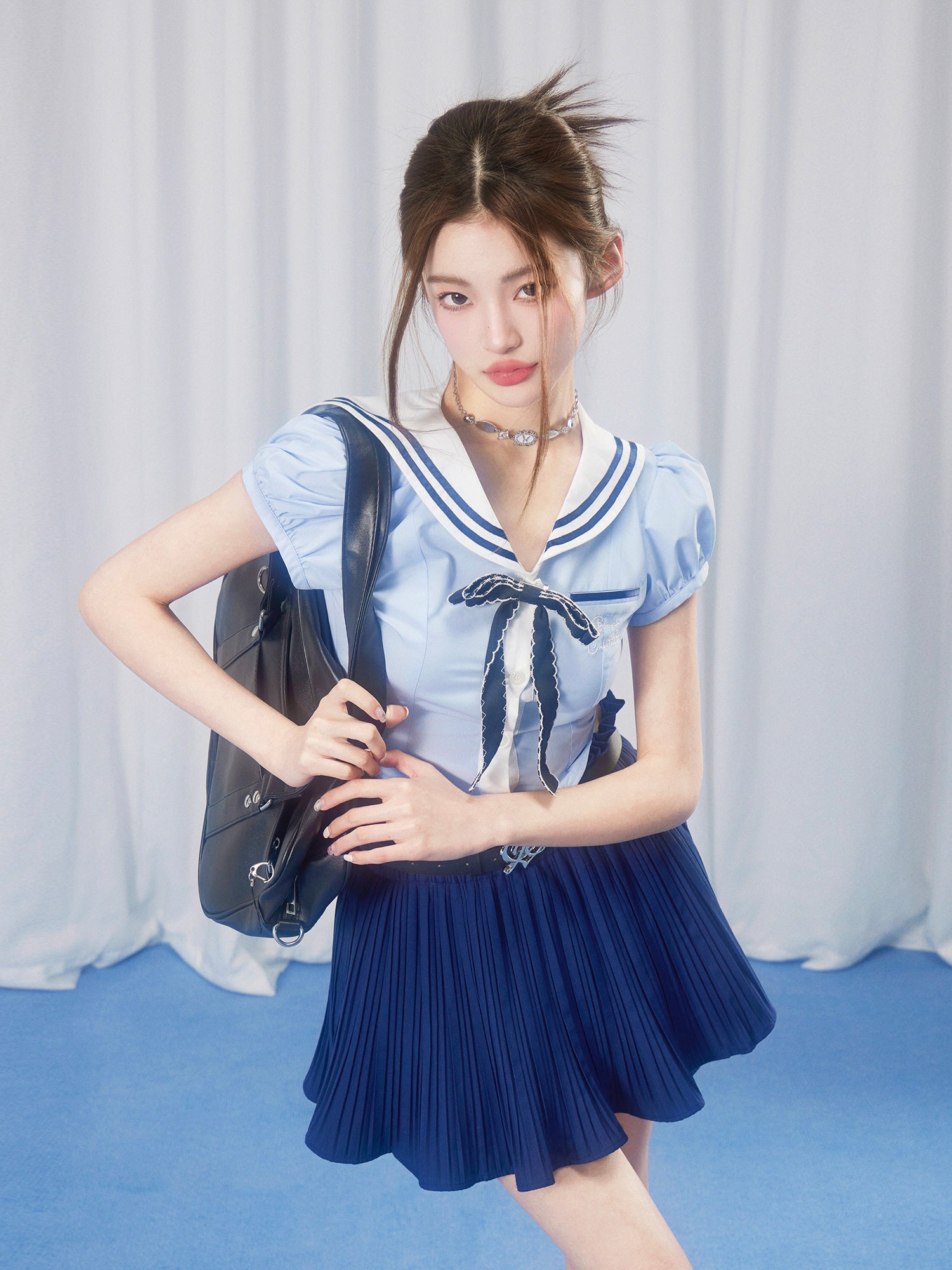 School Girl Puff Sleeve Top &amp; Pleated Skirt