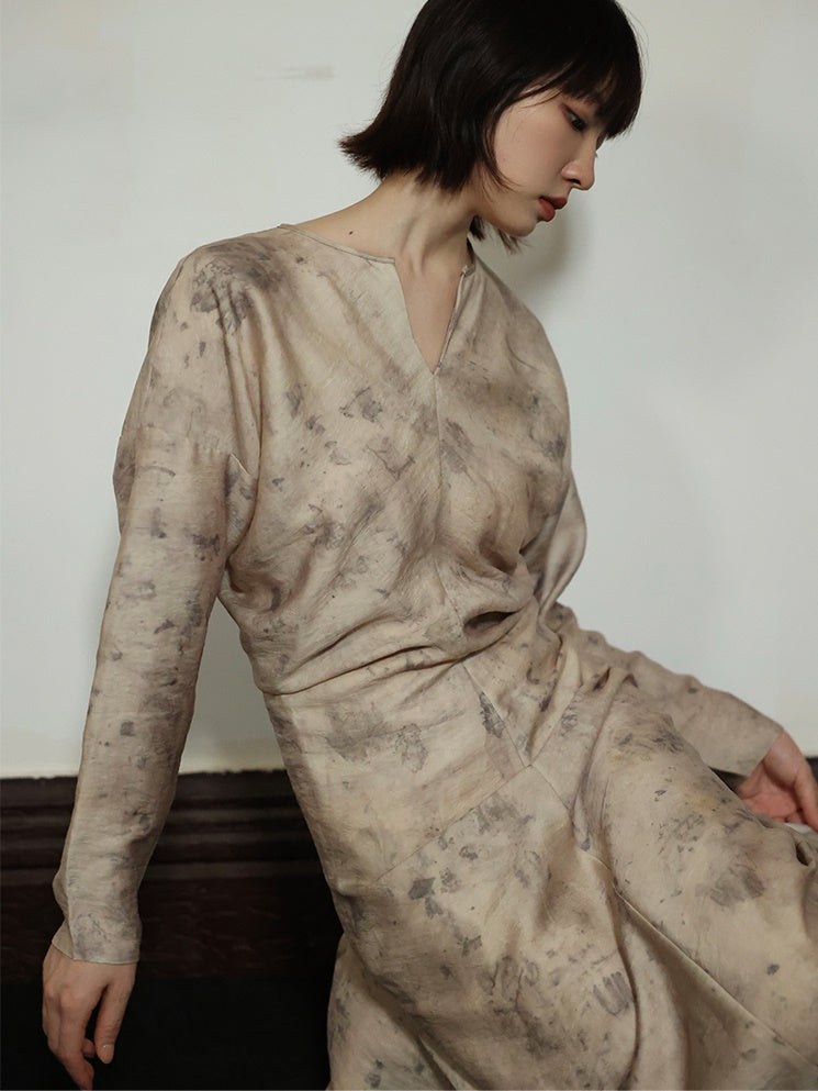 V-neck Long-sleeved Printing And Dyeing Dress