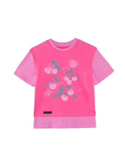 Gradient Cherry Print Fake Two-piece T-shirt