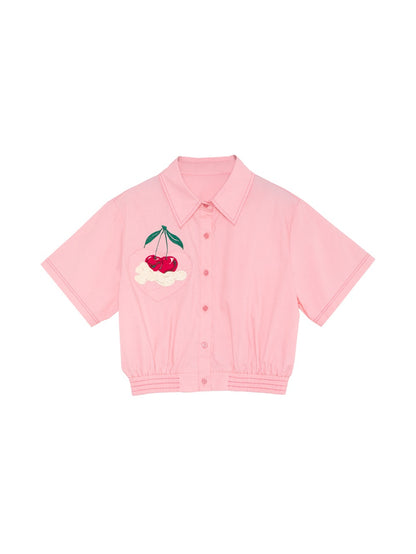 Retro Cream Cherry Embroidered Short-sleeved Shirt