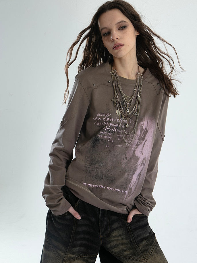 Stitching Print Long-sleeved Punk Style T-shirt