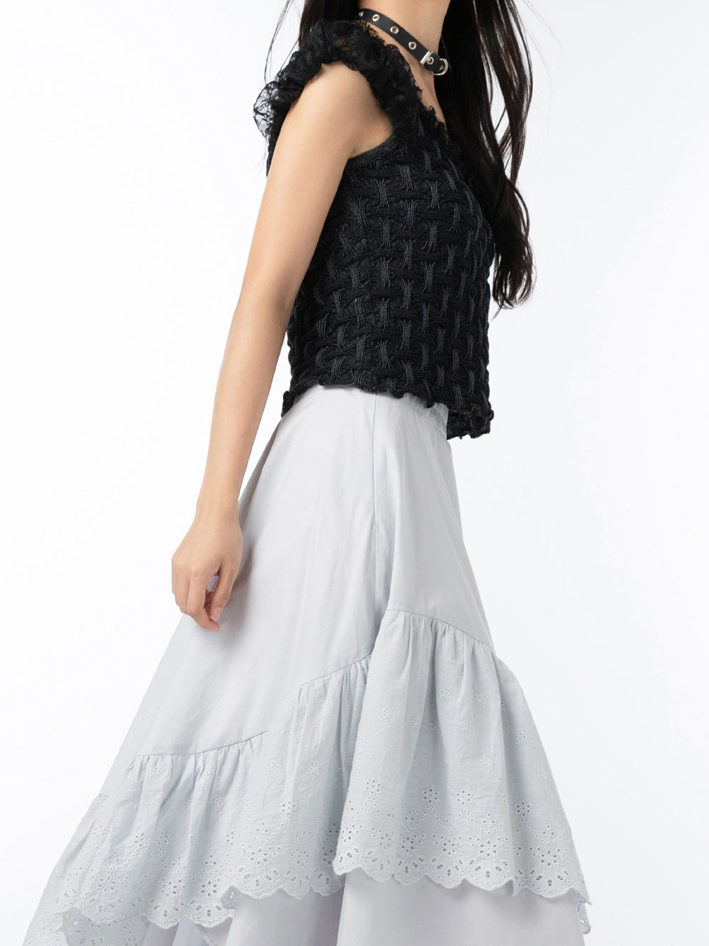 Lace Flying Sleeve Denim Top