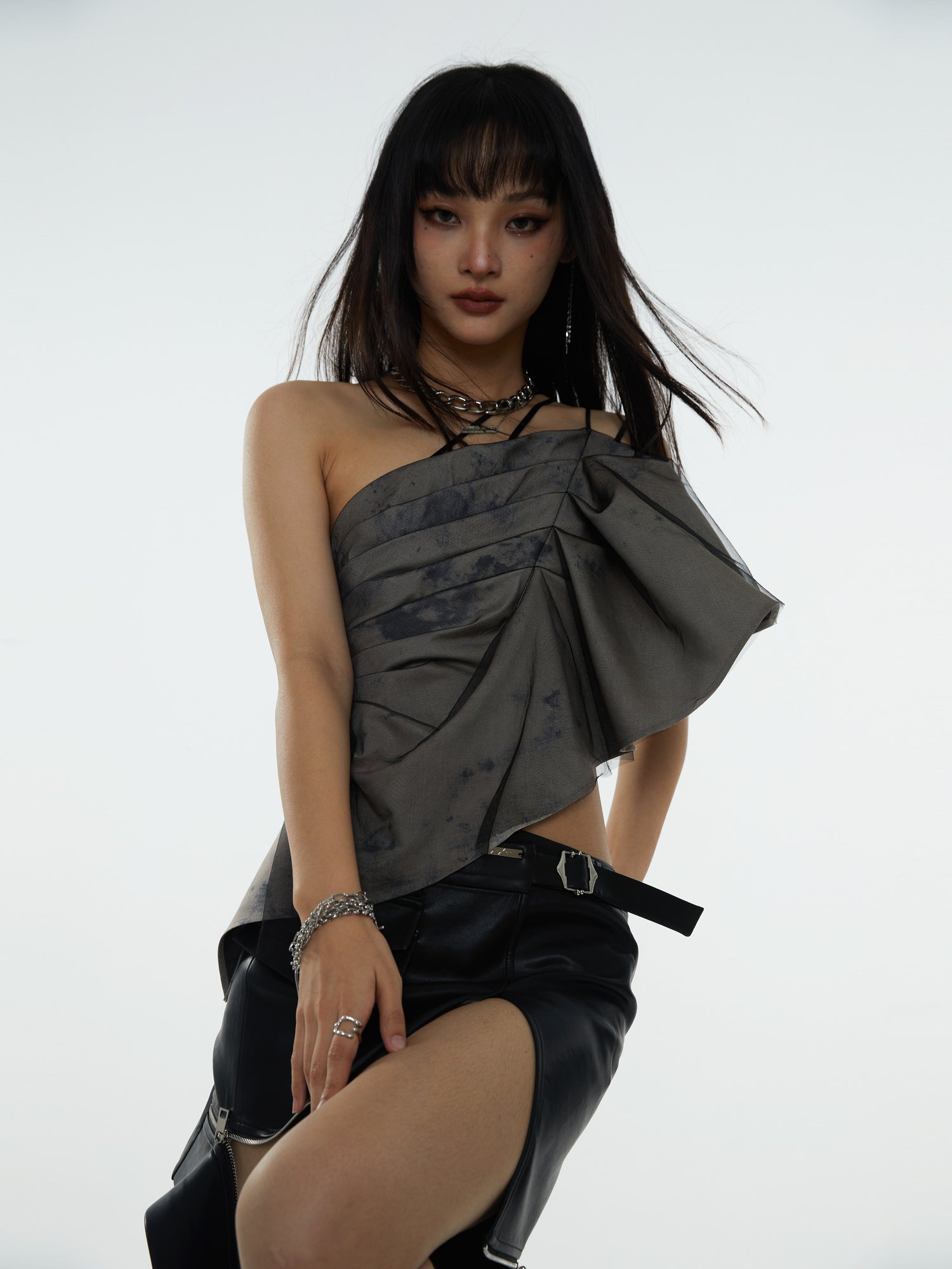 Pleated Shoulder Strap Asymmetry Camisole