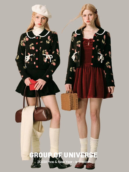 Doll Neck Rose Jacquard Knitted Cardigan