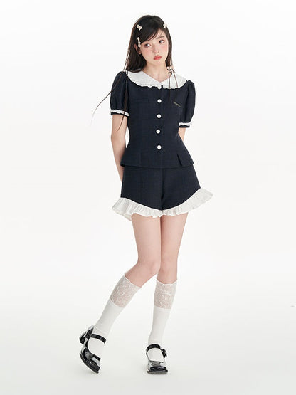 Doll Collar Puff Sleeves Small Fragrance Top &amp; Frill Shorts