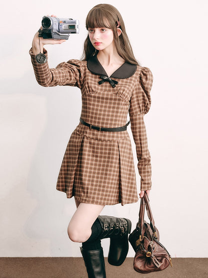 Plaid Retro Bubble Sleeve Kleid