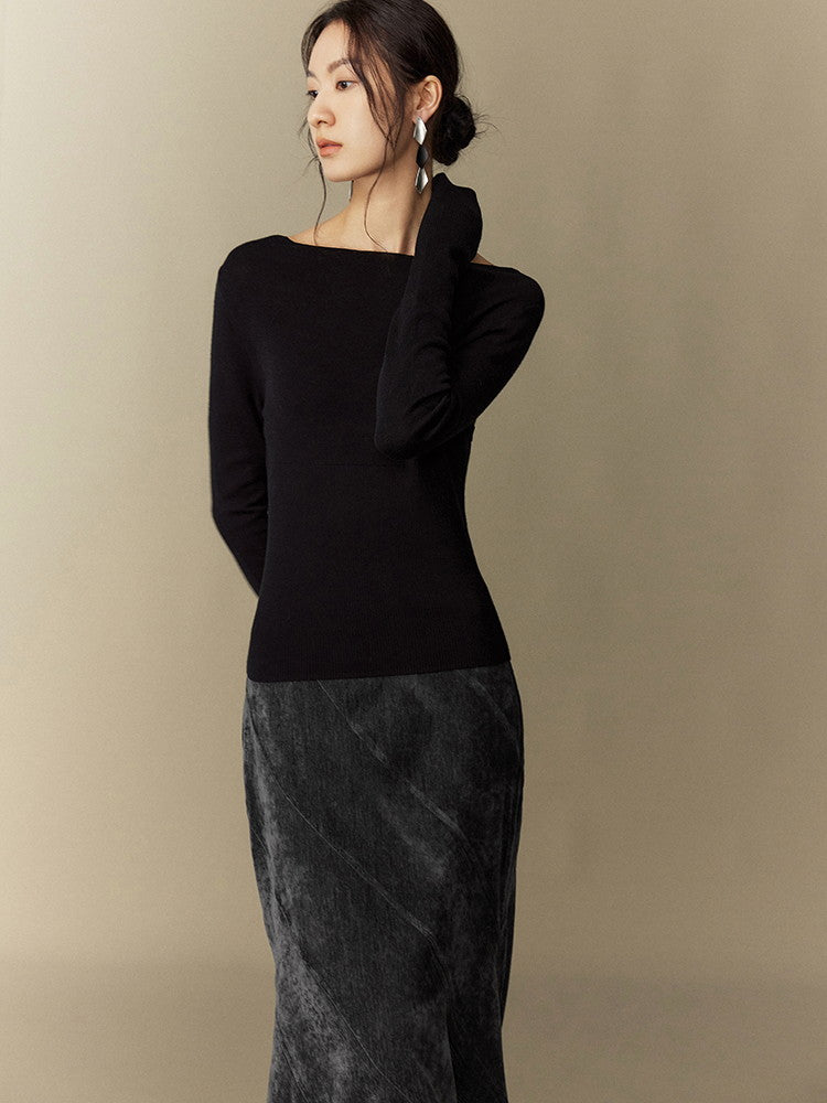 Simple Smooth Rib Boat-Neck Slim Classy Knit