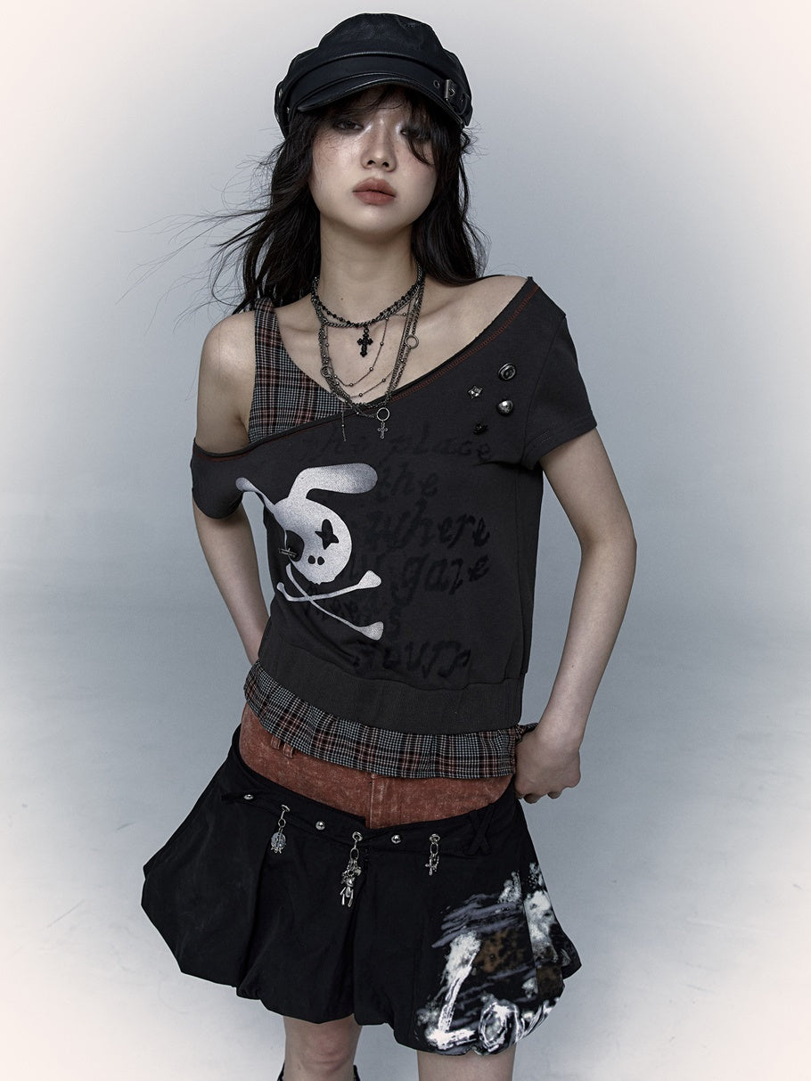 Punk Street Patchwork Plaid Fake Two-piece T-shirt