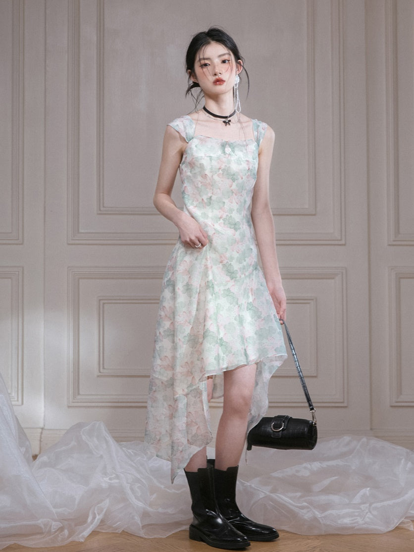 Clear Water Lotus Colorful Irregular Hem Chiffon Dress