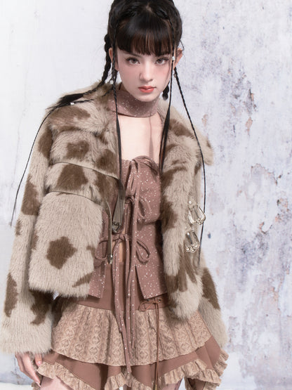 Cow Pattern Leather Buckle Fur Short Coat