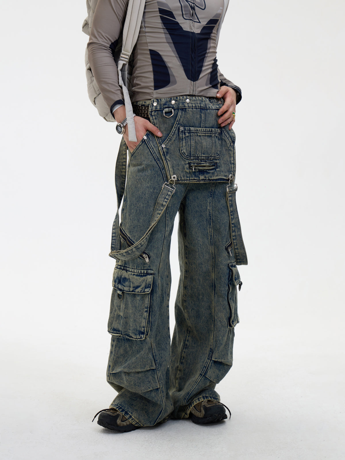 Detachable Suspender Washed Multi-pocket Cargo Jeans – ARCANA ARCHIVE