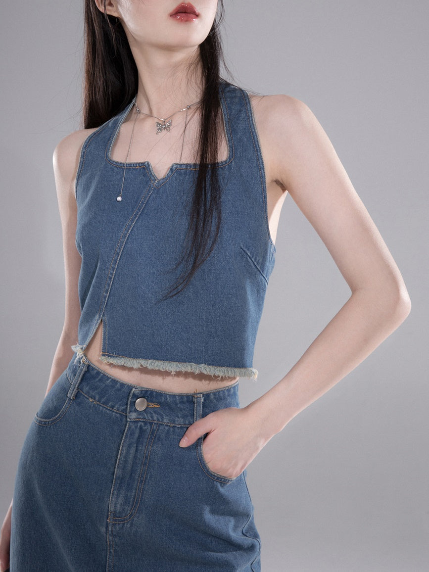 Denim Halter Neck Vest &amp; Fishtail Skirt Set-up