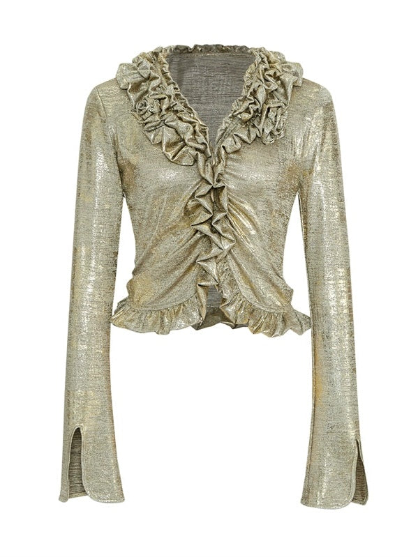 Frill Design Metallic Slim Shirt