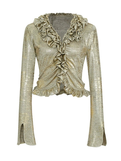 Frill Design Metallic Slim Shirt