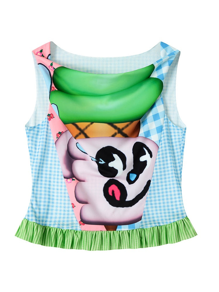 Ice Cream Print Swing Collar Mesh Sleeveless Top