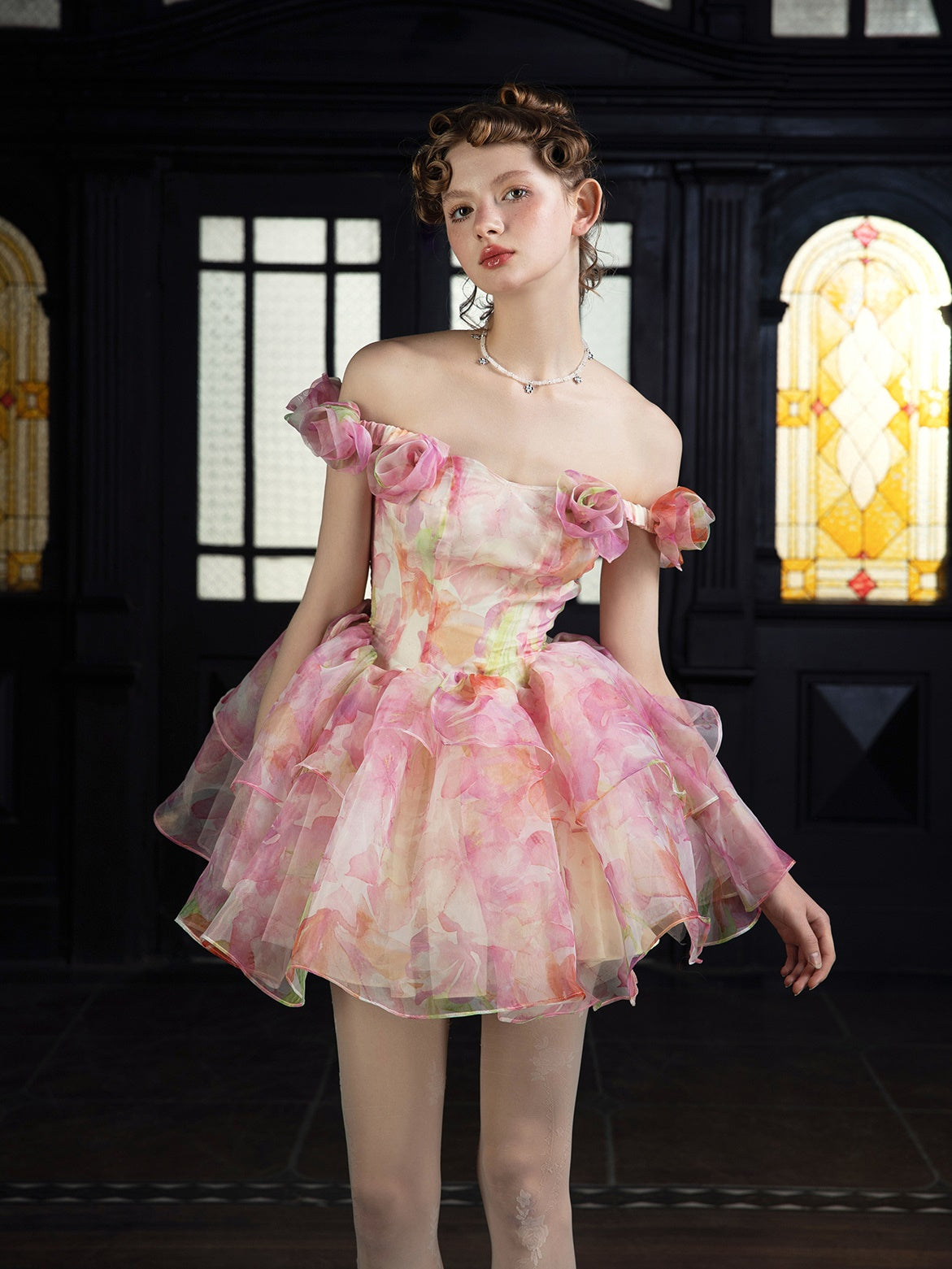 Smudged Three-dimensional Flower 2Way Fluffy Dress