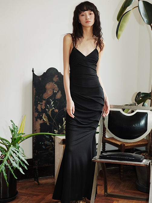 Slim Ruched Long Classic Slip Mermaid Dress