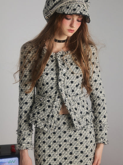 Polka Dot Tweed No-Collar Jacket &amp; Skirt