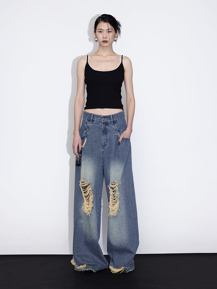 Pinched Pleats Wide-leg Denim Pants