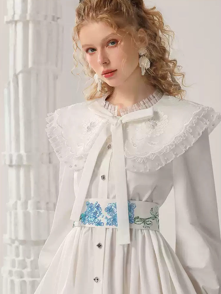 Embroidery Flower Lace Ribbon Shirt Flare Dress