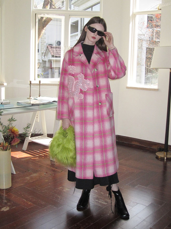 Dragon Embroidery Bloc-Checked Girly Wool Long-Coat