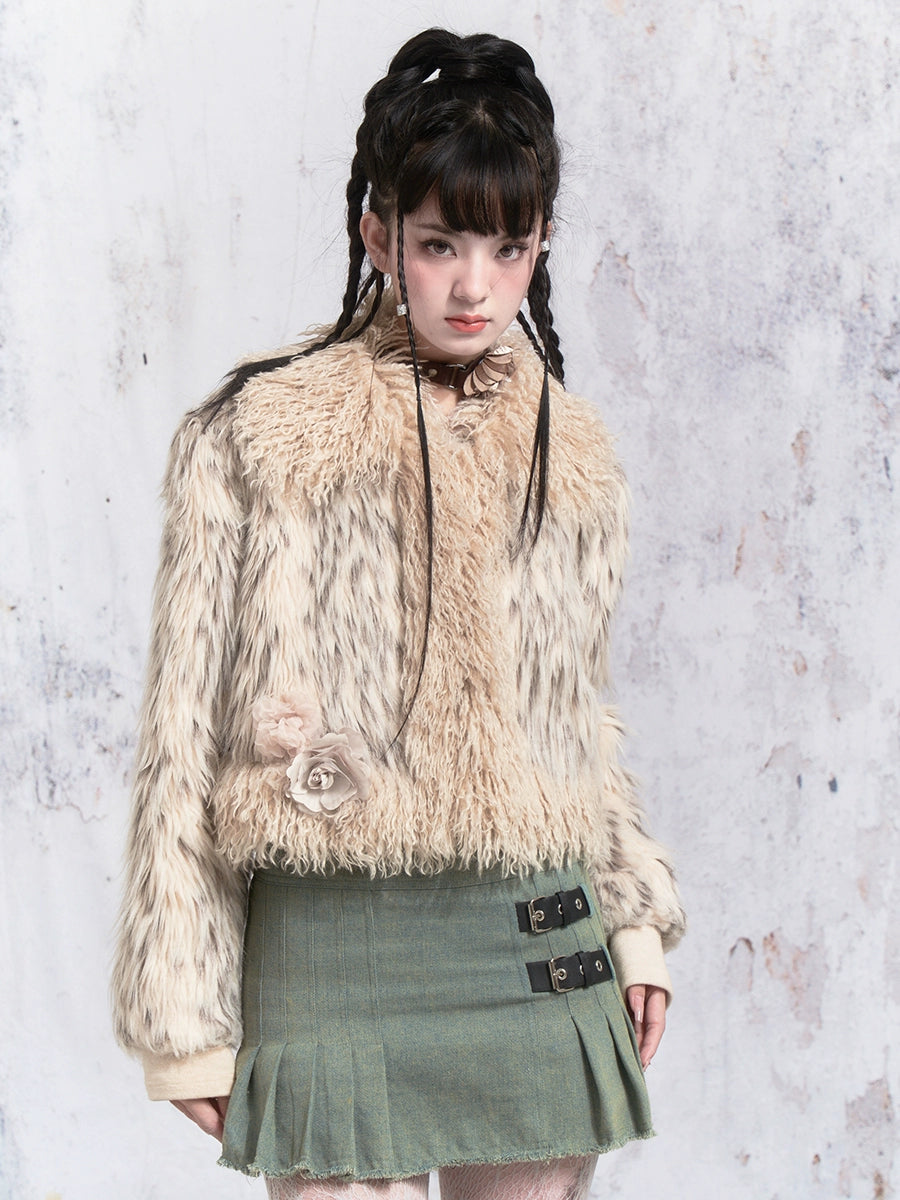 Flower Accent Stitching Fur Short Coat