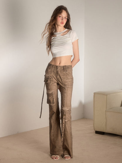 Slender Washed Retro Design Flare Pants