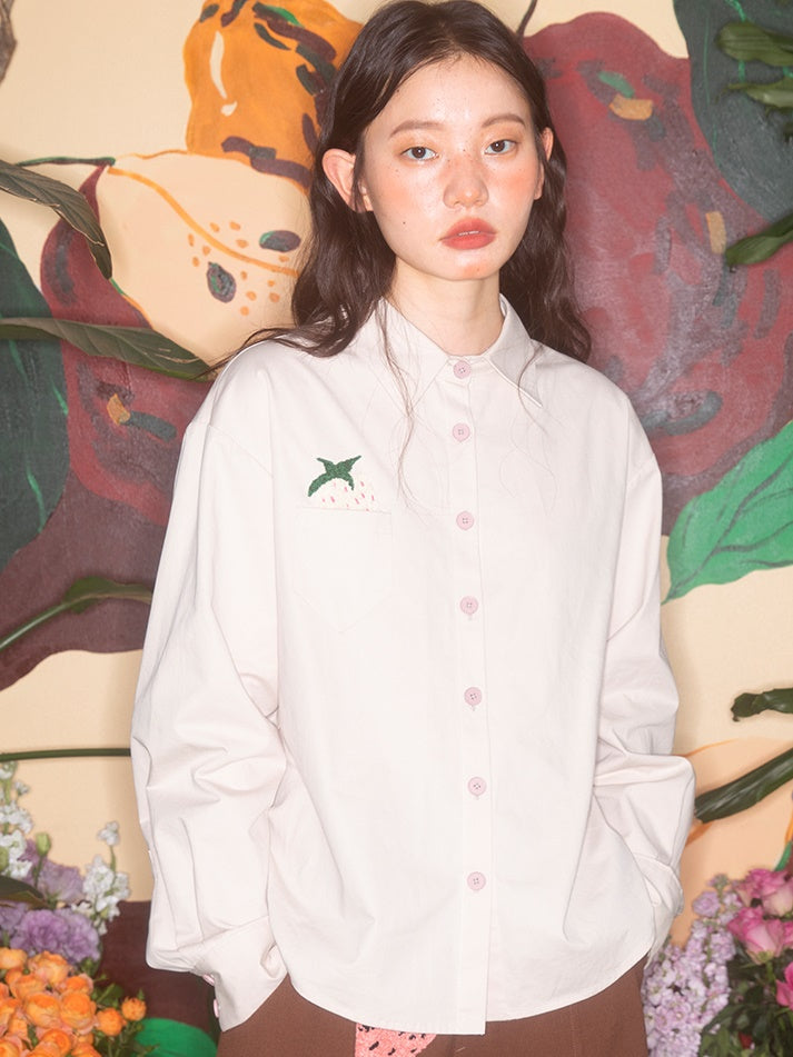 Strawberry Embroidery Loose Long-sleeved Shirt