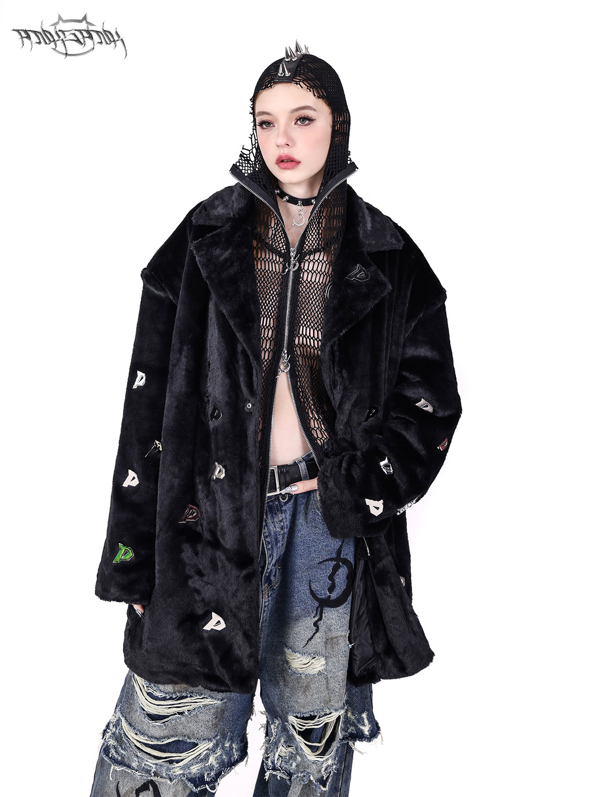 Rivet Punk Hooded Mesh Patch Patch Broidered Veste