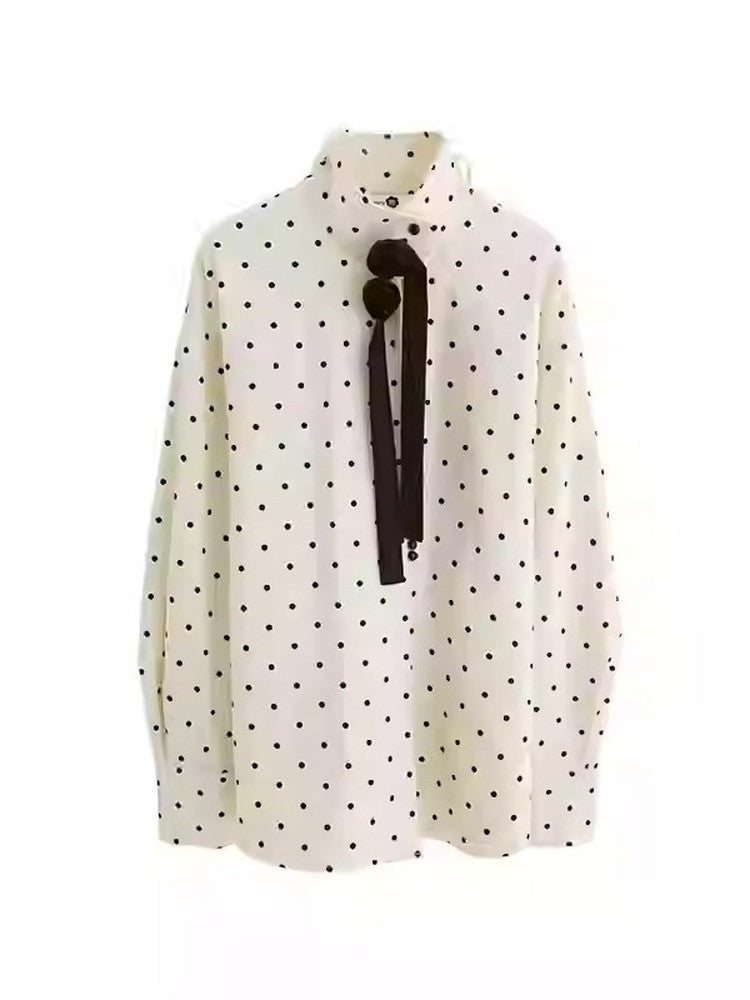 Dot Ciffon Nichi Balloon-Sleeve Chic Blouse＆Skirt